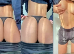 Leticia Cerote, de cuerpo esbelto, se alisa las tetas y resalta el culo con un tanga