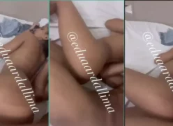 Eduarda Lima tiene sexo con el joven acostada de lado con su coño mojado