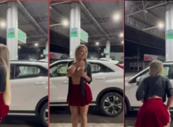 Karlyane Menezes mostrando sus grandes pechos y trasero, bailando y levantándose la falda en una gasolinera