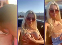 La rubia caliente Laine permite que un extraño le chupe las grandes tetas y le estimule el coño al costado de la carretera